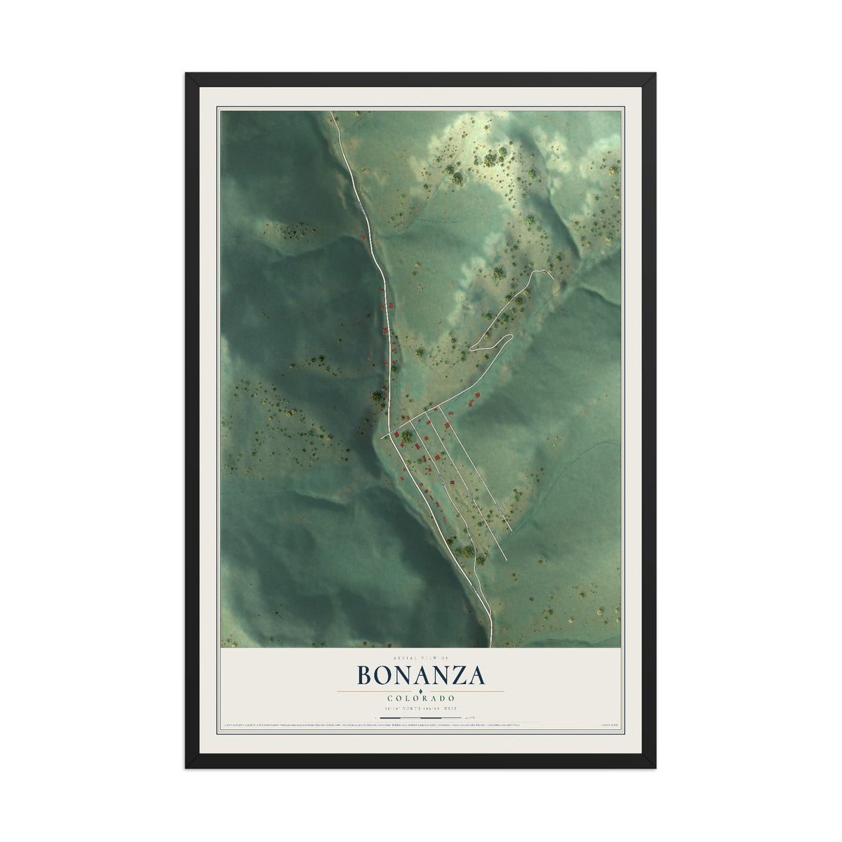 Map of Bonanza, Colorado, 12 x 18 inch print in a black wood frame