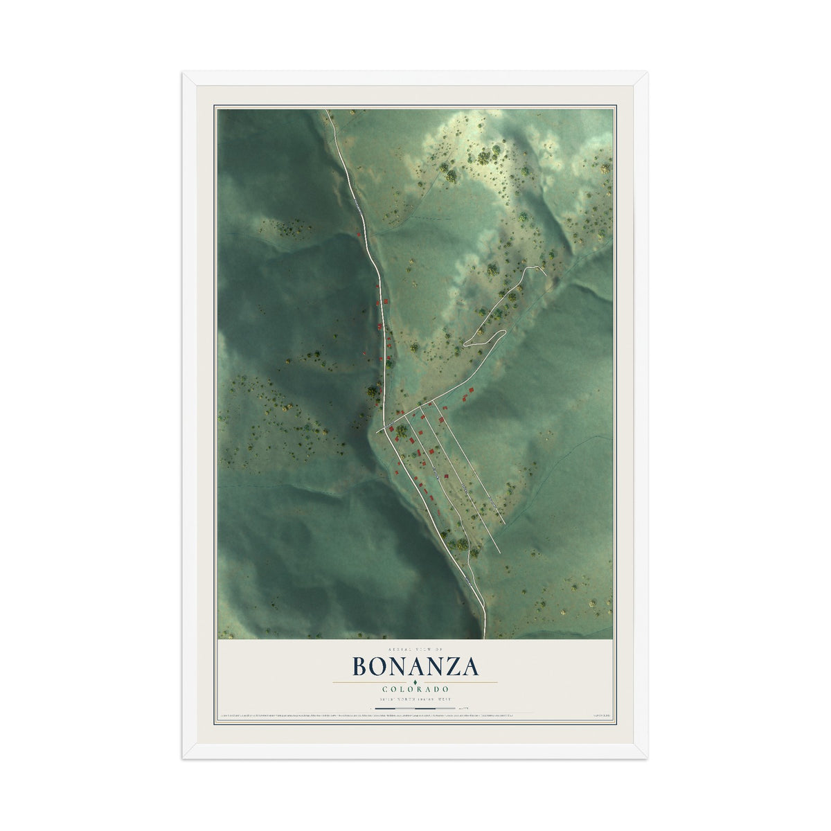 Map of Bonanza, Colorado, 12 x 18 inch print in a white wood frame
