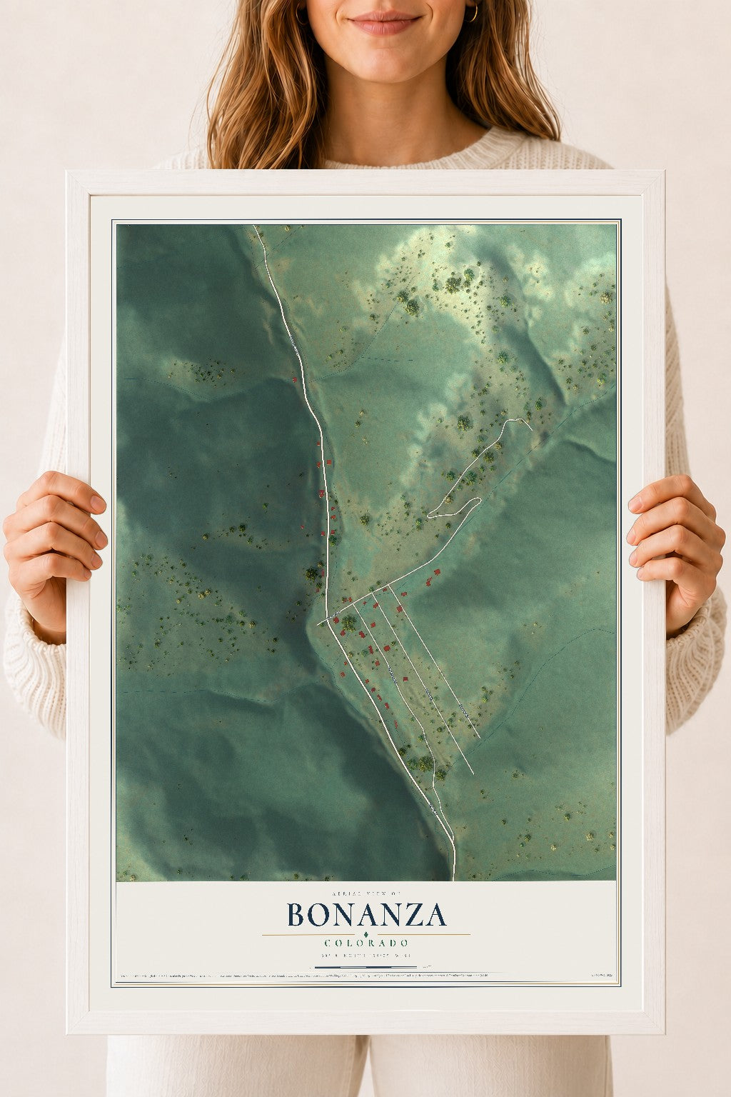 Map of Bonanza, Colorado, 18 x 24 inch print in a white wood frame