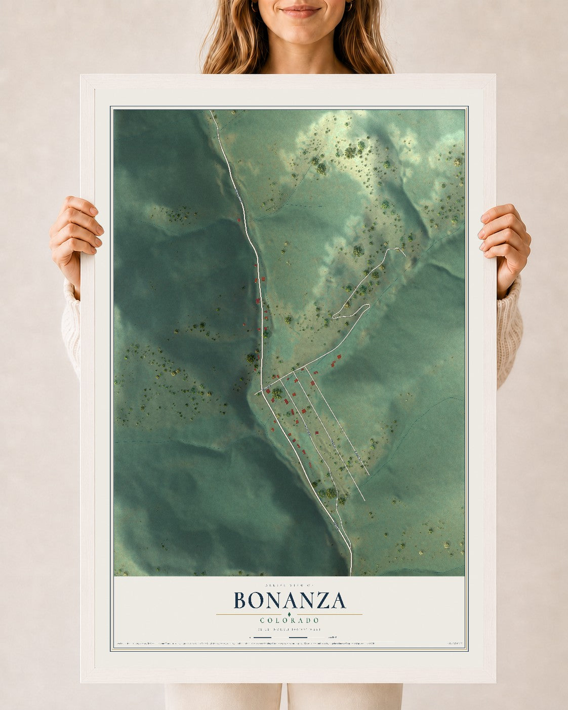 Map of Bonanza, Colorado, 24 x 36 inch print in a white wood frame