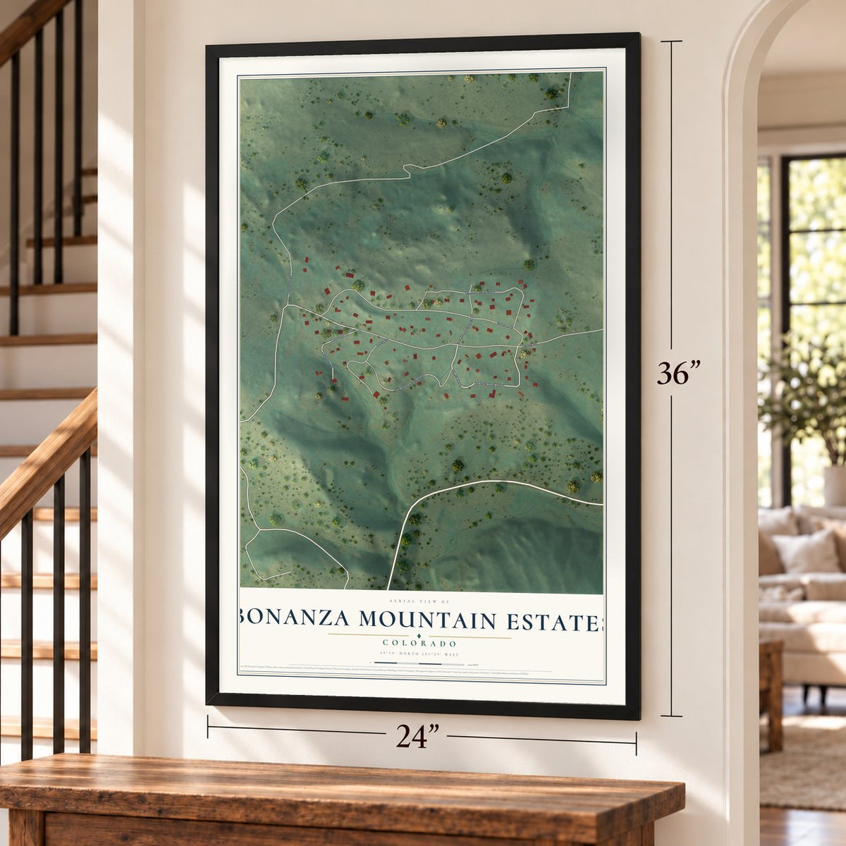 Bonanza Mountain Estates, Colorado map, 24 x 36 inch print in a black frame by a staircase