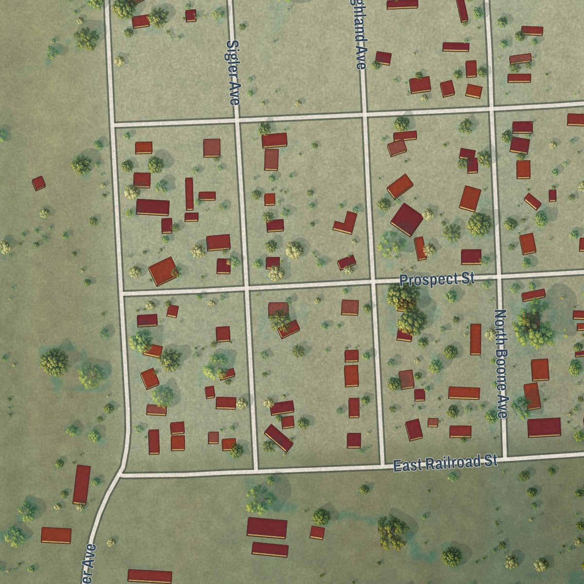 Close-up of the map of Boone, Colorado print showing street and building detail