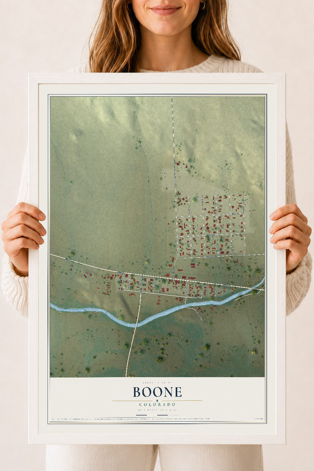 Map of Boone, Colorado, 18 x 24 inch print in a white wood frame