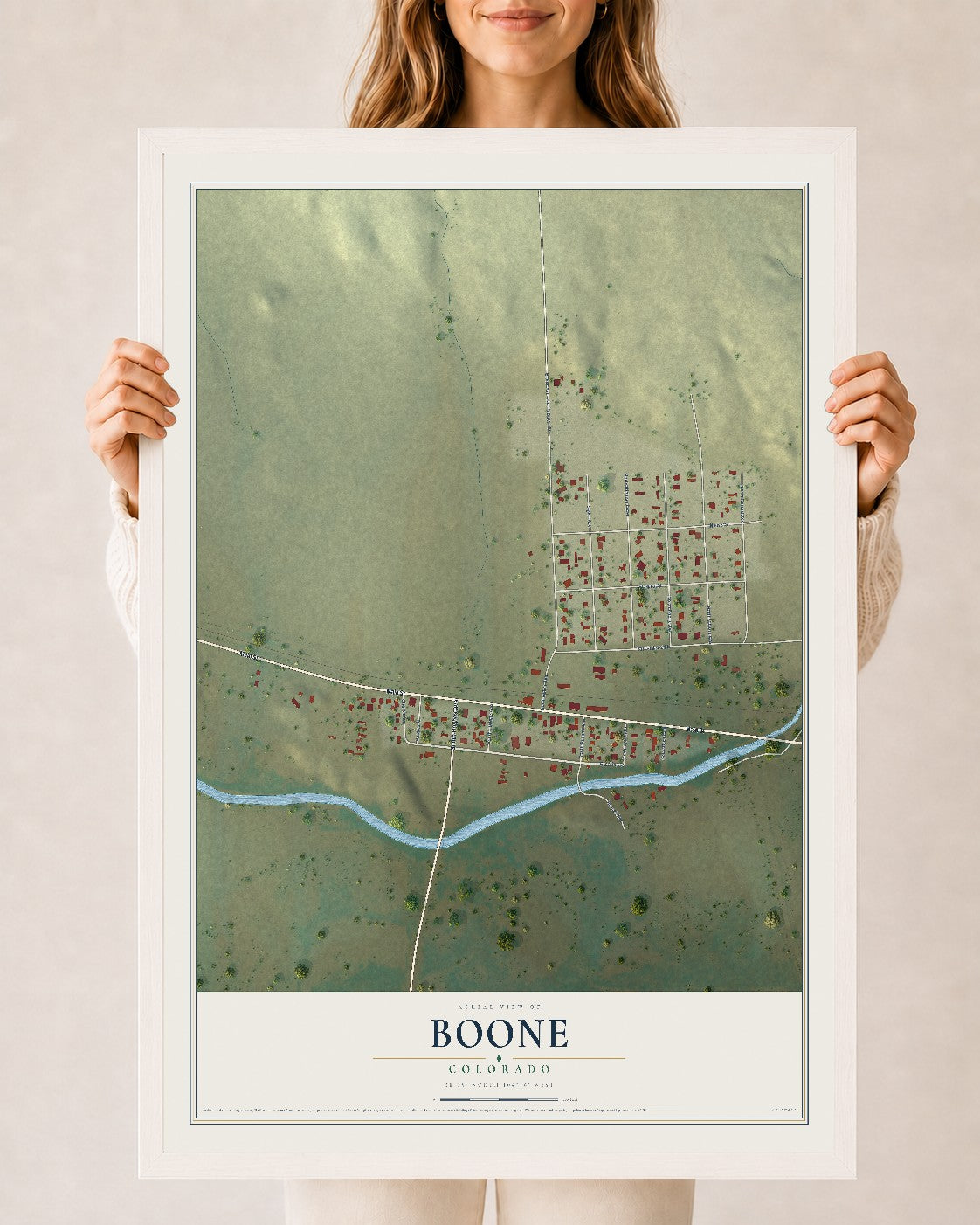 Map of Boone, Colorado, 24 x 36 inch print in a white wood frame