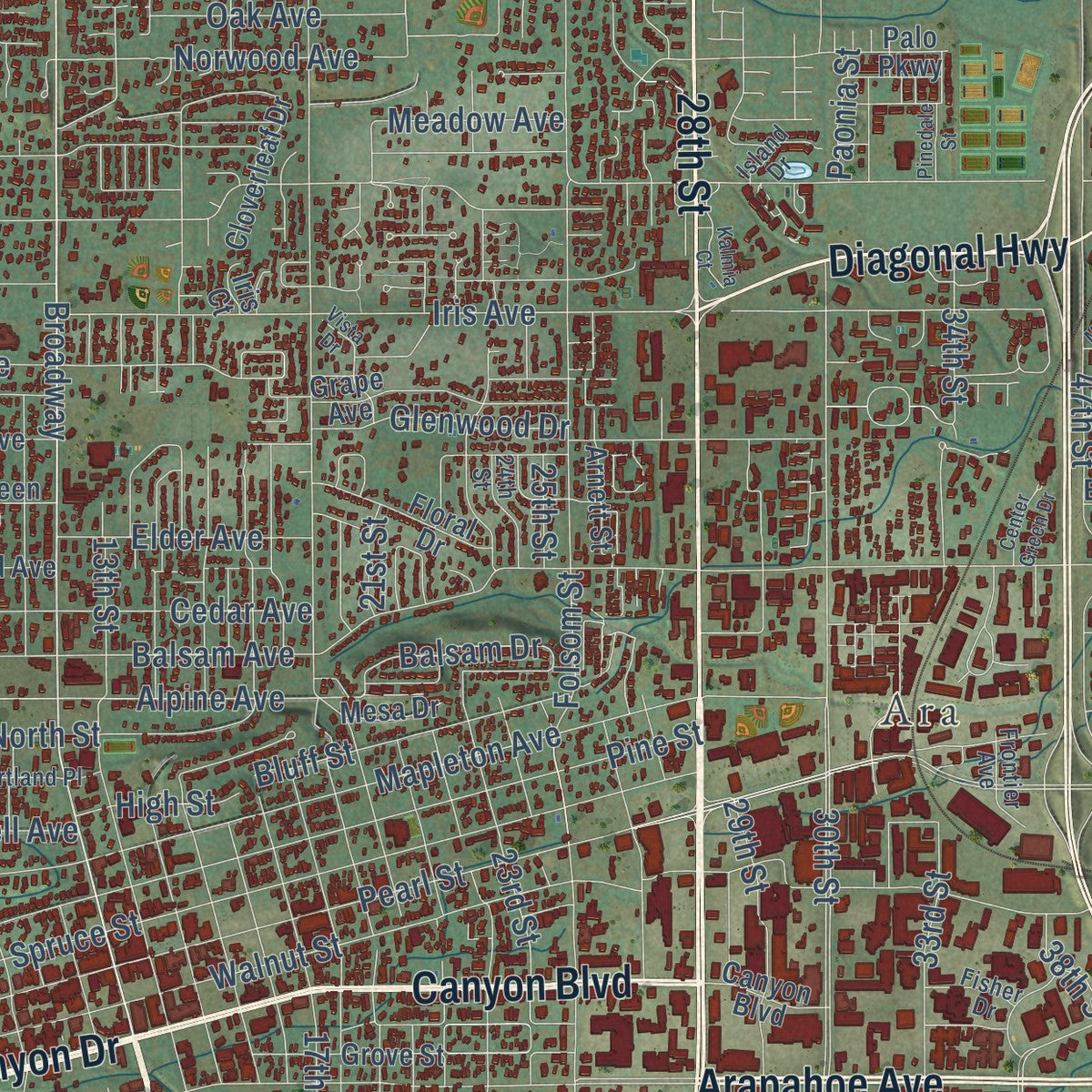 Close-up of the map of Boulder, Colorado print showing street and building detail