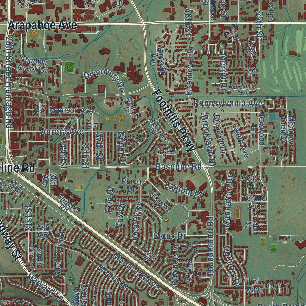 Second close-up of the map of Boulder, Colorado print showing more streets and buildings