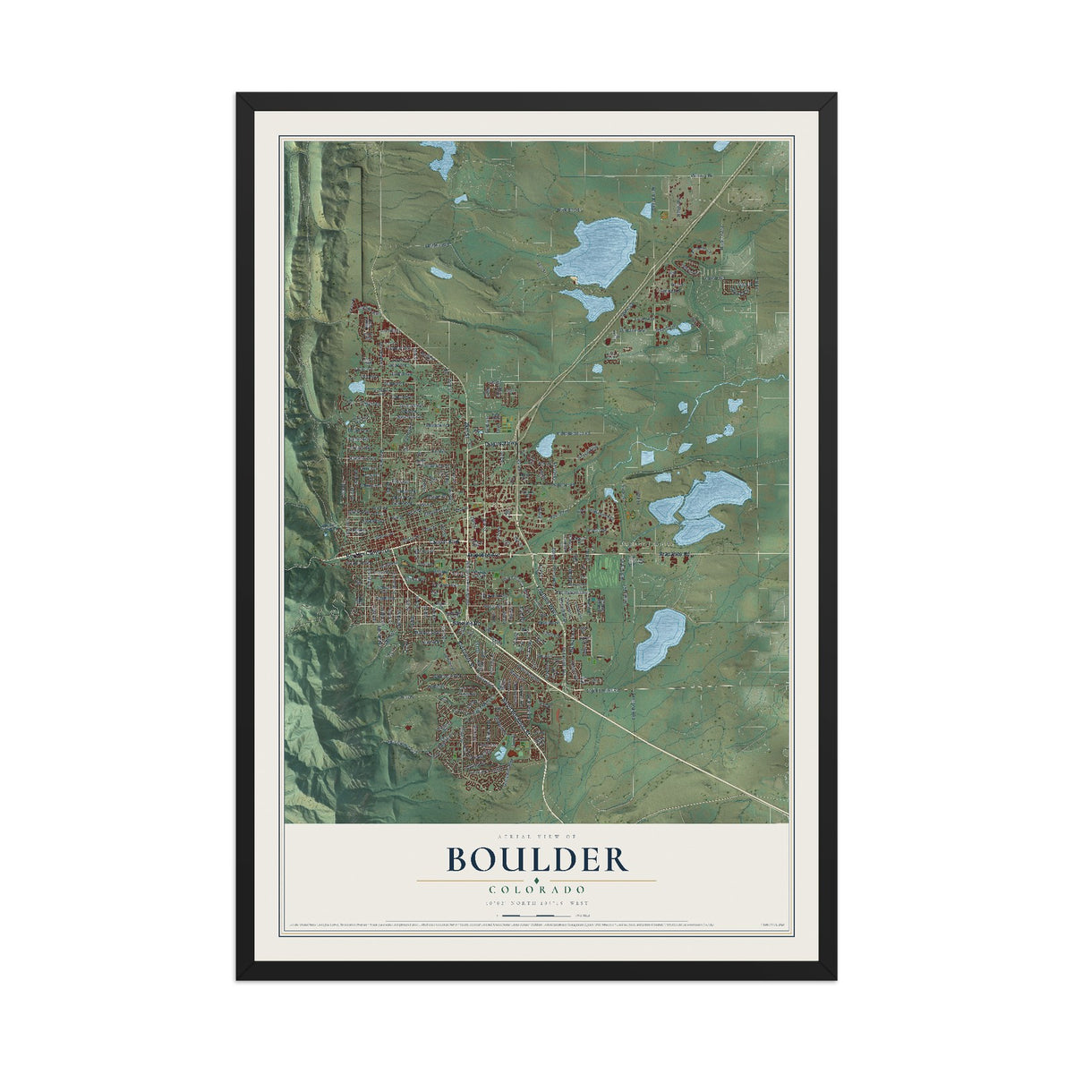 Map of Boulder, Colorado, 12 x 18 inch print in a black wood frame