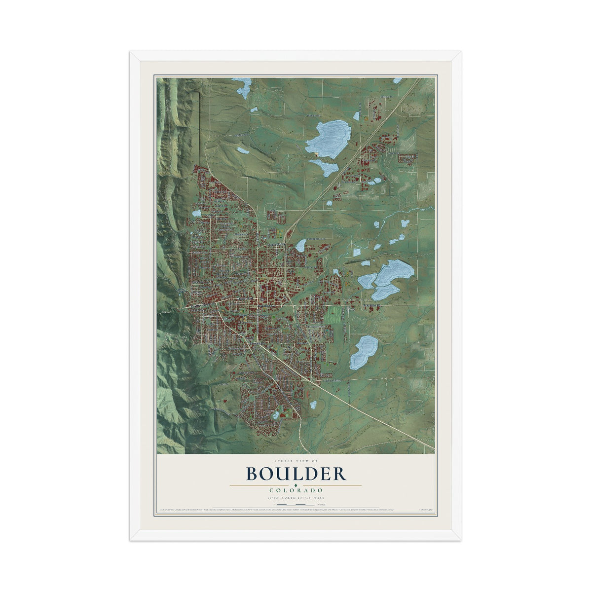 Map of Boulder, Colorado, 12 x 18 inch print in a white wood frame