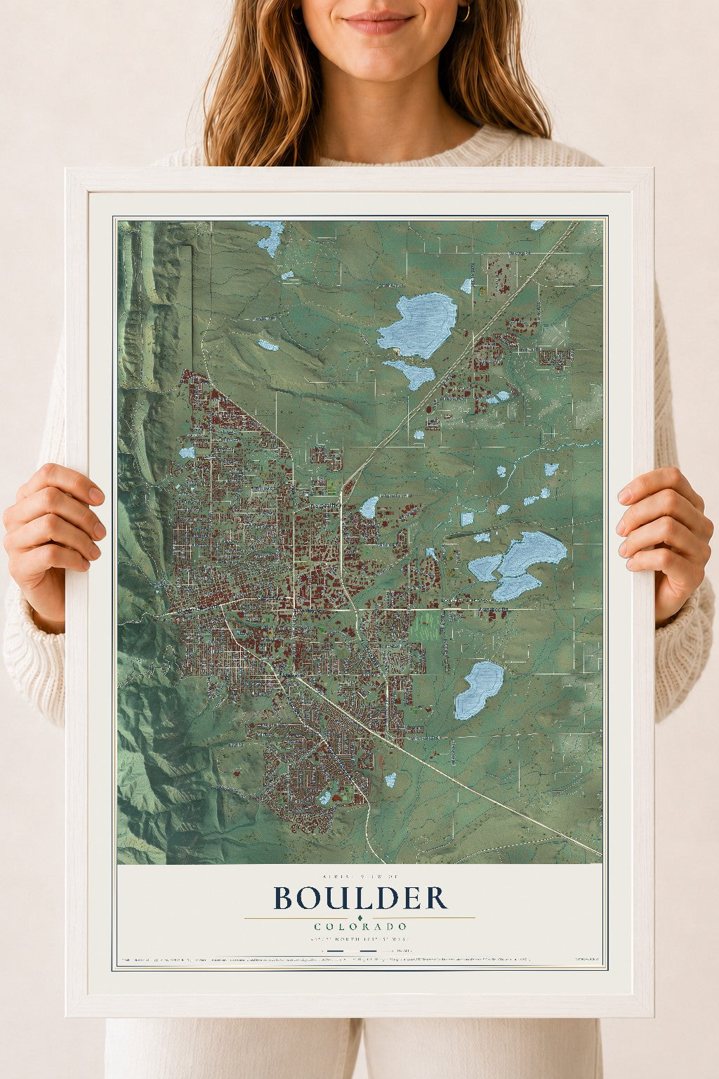 Map of Boulder, Colorado, 18 x 24 inch print in a white wood frame