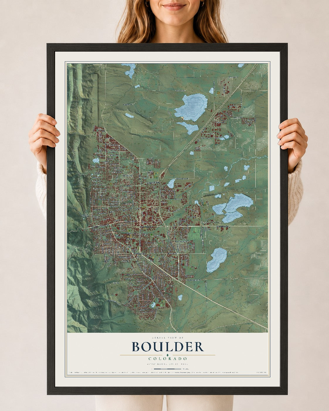 Map of Boulder, Colorado, 24 x 36 inch print in a black wood frame