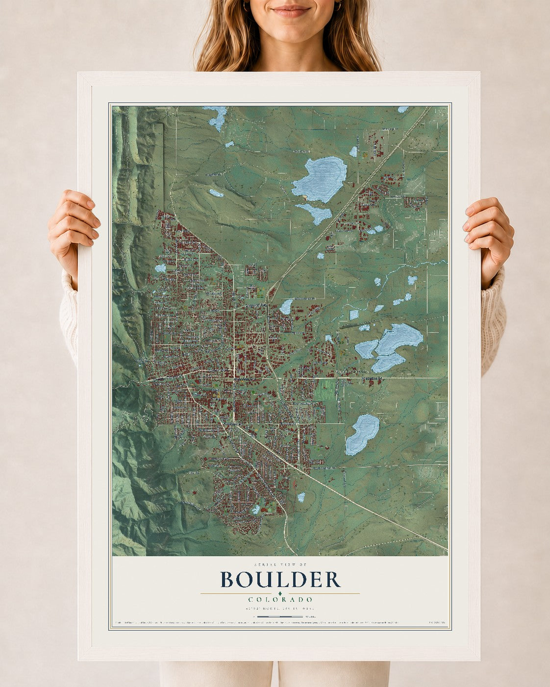 Map of Boulder, Colorado, 24 x 36 inch print in a white wood frame