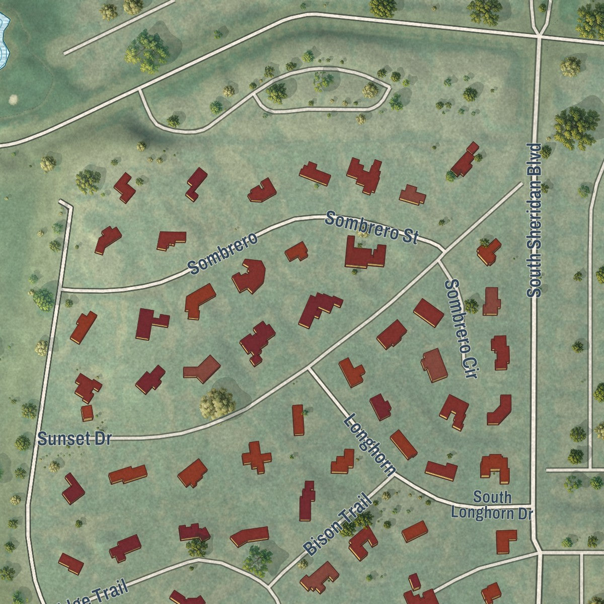Second close-up of the map of Bow Mar, Colorado print showing more streets and buildings