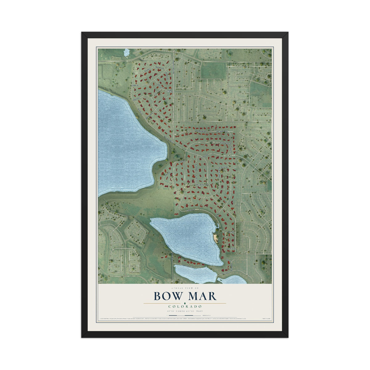 Map of Bow Mar, Colorado, 12 x 18 inch print in a black wood frame