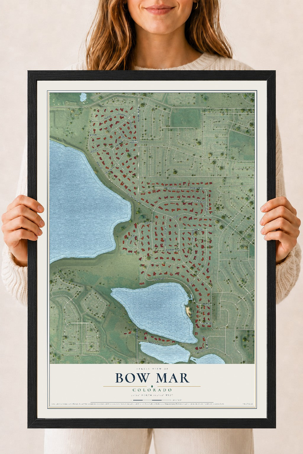 Map of Bow Mar, Colorado, 18 x 24 inch print in a black wood frame