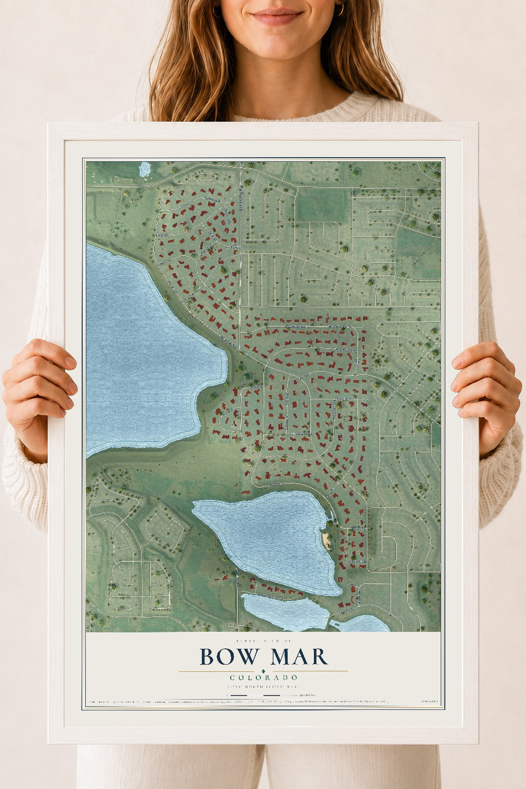 Map of Bow Mar, Colorado, 18 x 24 inch print in a white wood frame