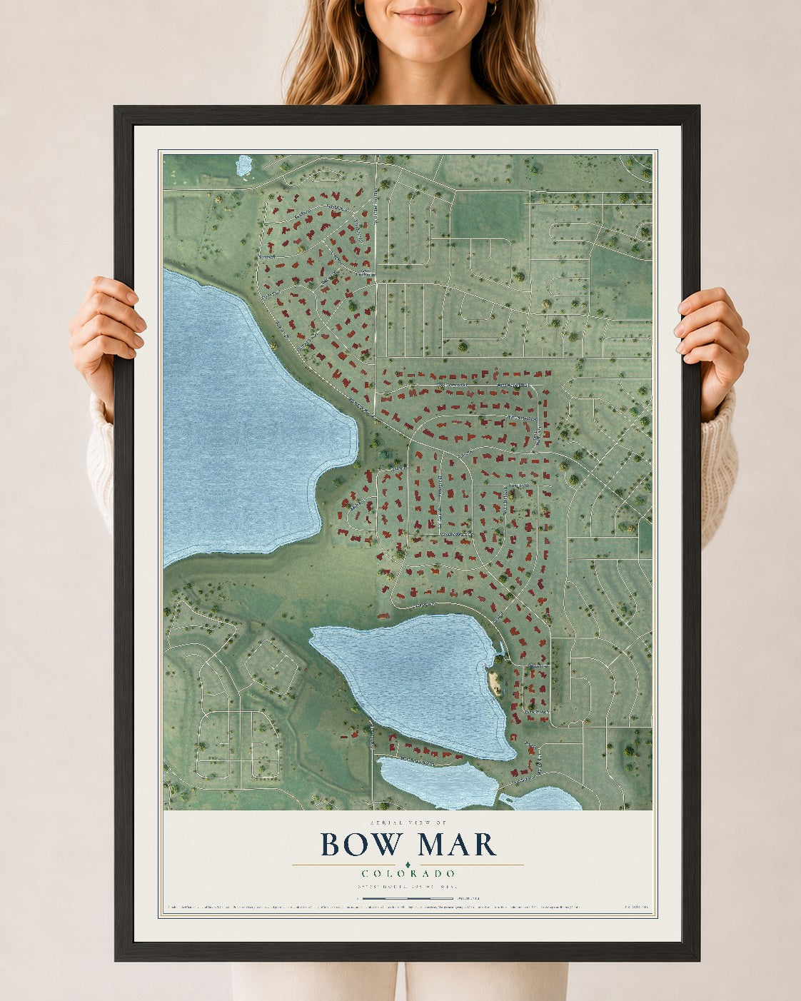 Map of Bow Mar, Colorado, 24 x 36 inch print in a black wood frame