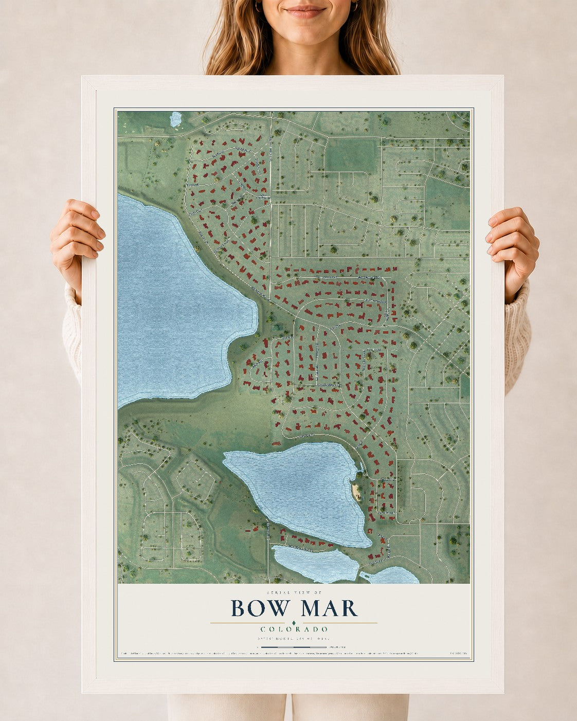 Map of Bow Mar, Colorado, 24 x 36 inch print in a white wood frame