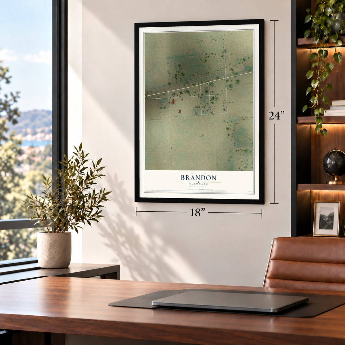 Brandon, Colorado map, 18 x 24 inch print in a black frame in a home office