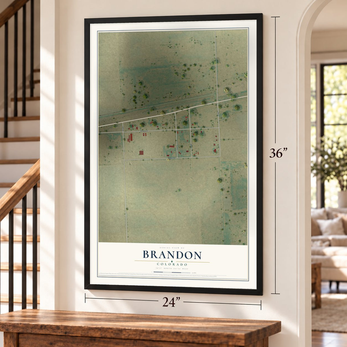 Brandon, Colorado map, 24 x 36 inch print in a black frame by a staircase