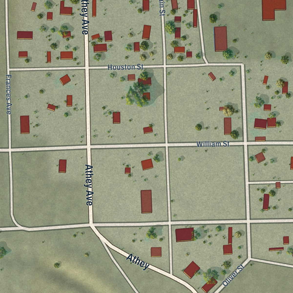 Close-up of the map of Branson, Colorado print showing street and building detail
