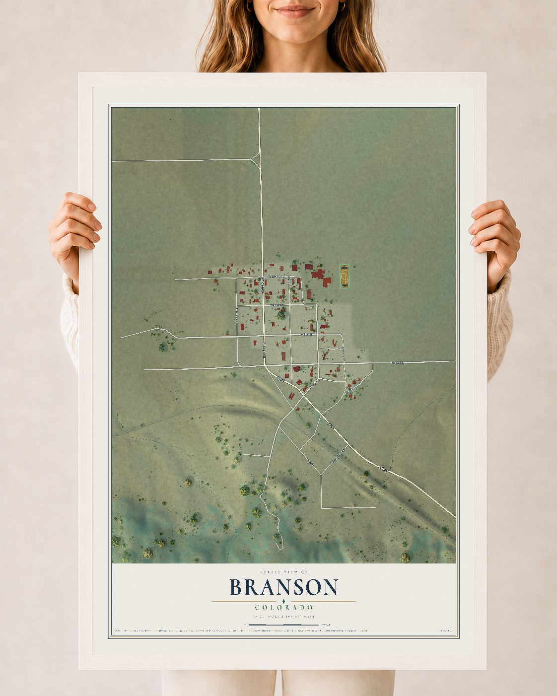 Map of Branson, Colorado, 24 x 36 inch print in a white wood frame