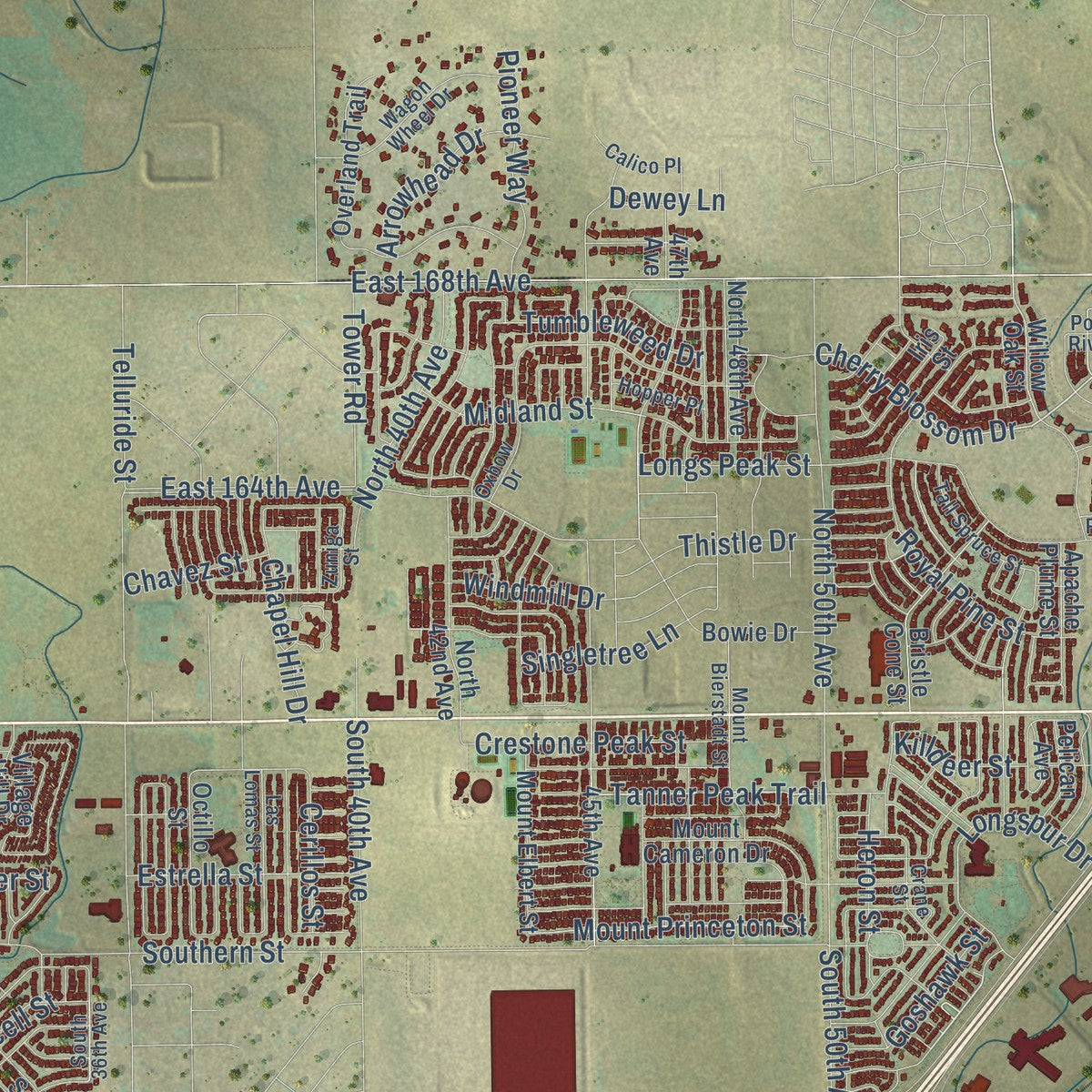 Close-up of the map of Brighton, Colorado print showing street and building detail