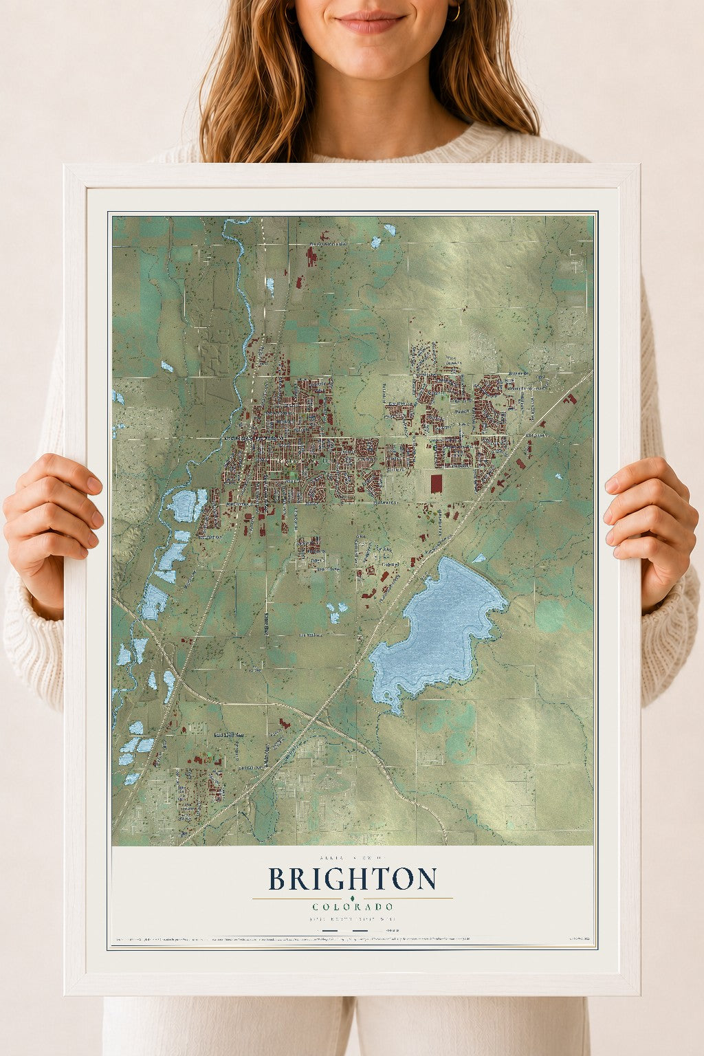 Map of Brighton, Colorado, 18 x 24 inch print in a white wood frame