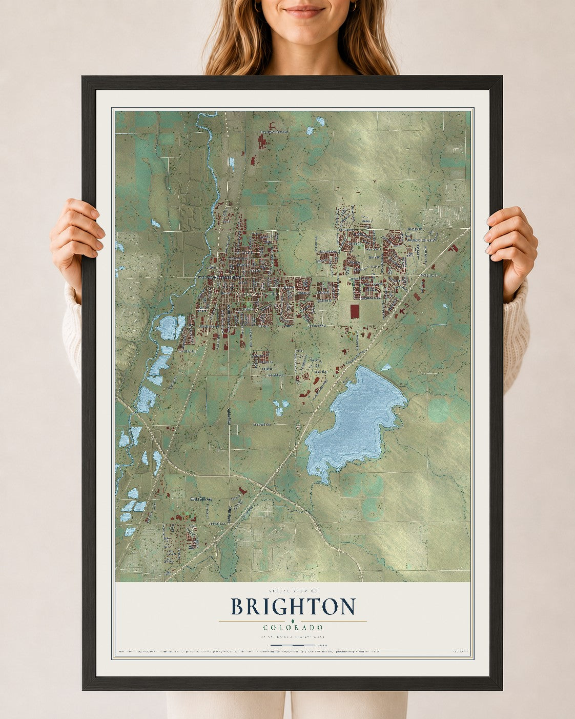 Map of Brighton, Colorado, 24 x 36 inch print in a black wood frame