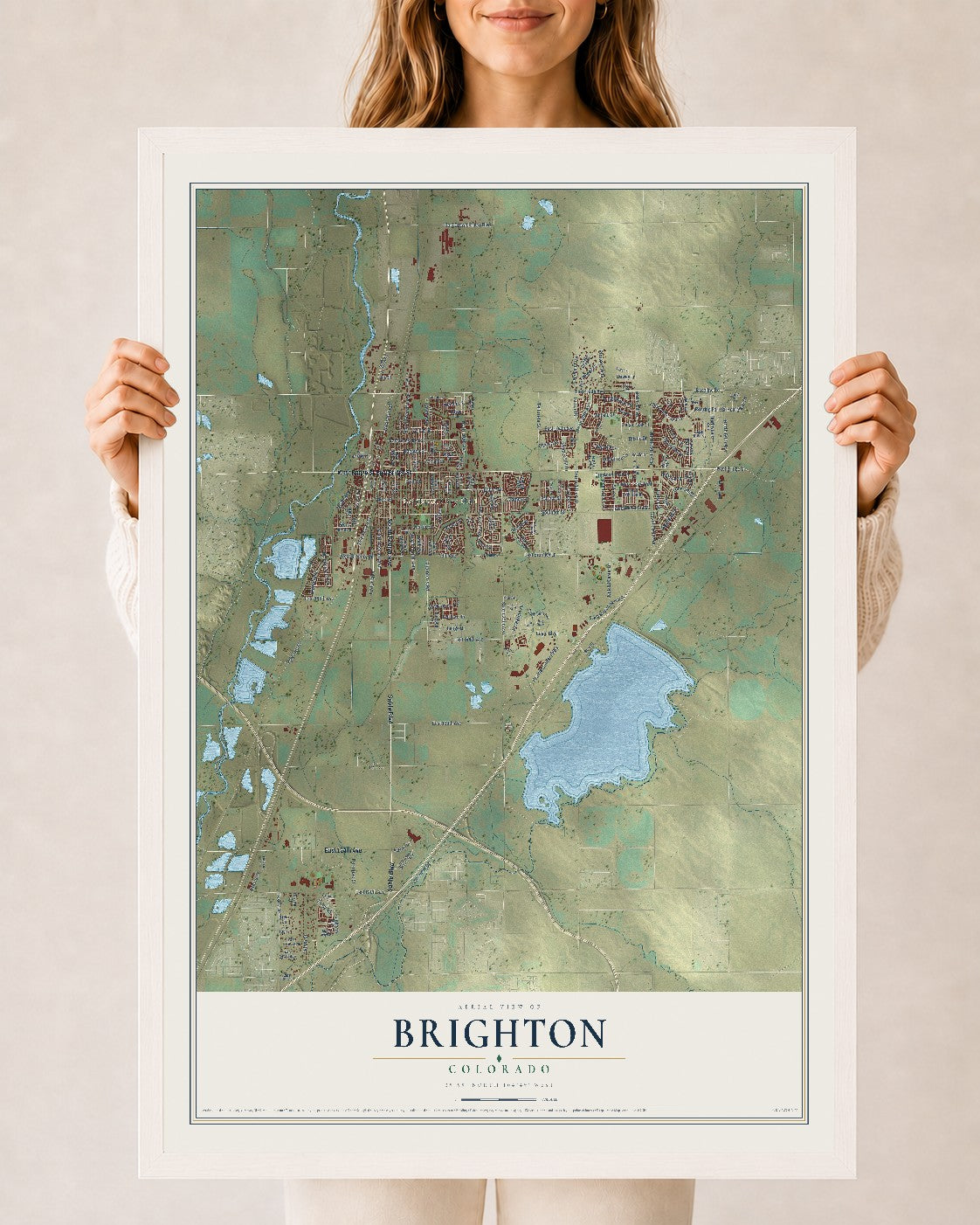 Map of Brighton, Colorado, 24 x 36 inch print in a white wood frame