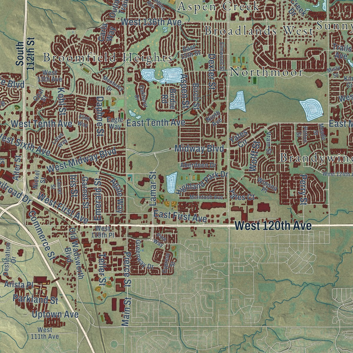 Close-up of the map of Broomfield, Colorado print showing street and building detail