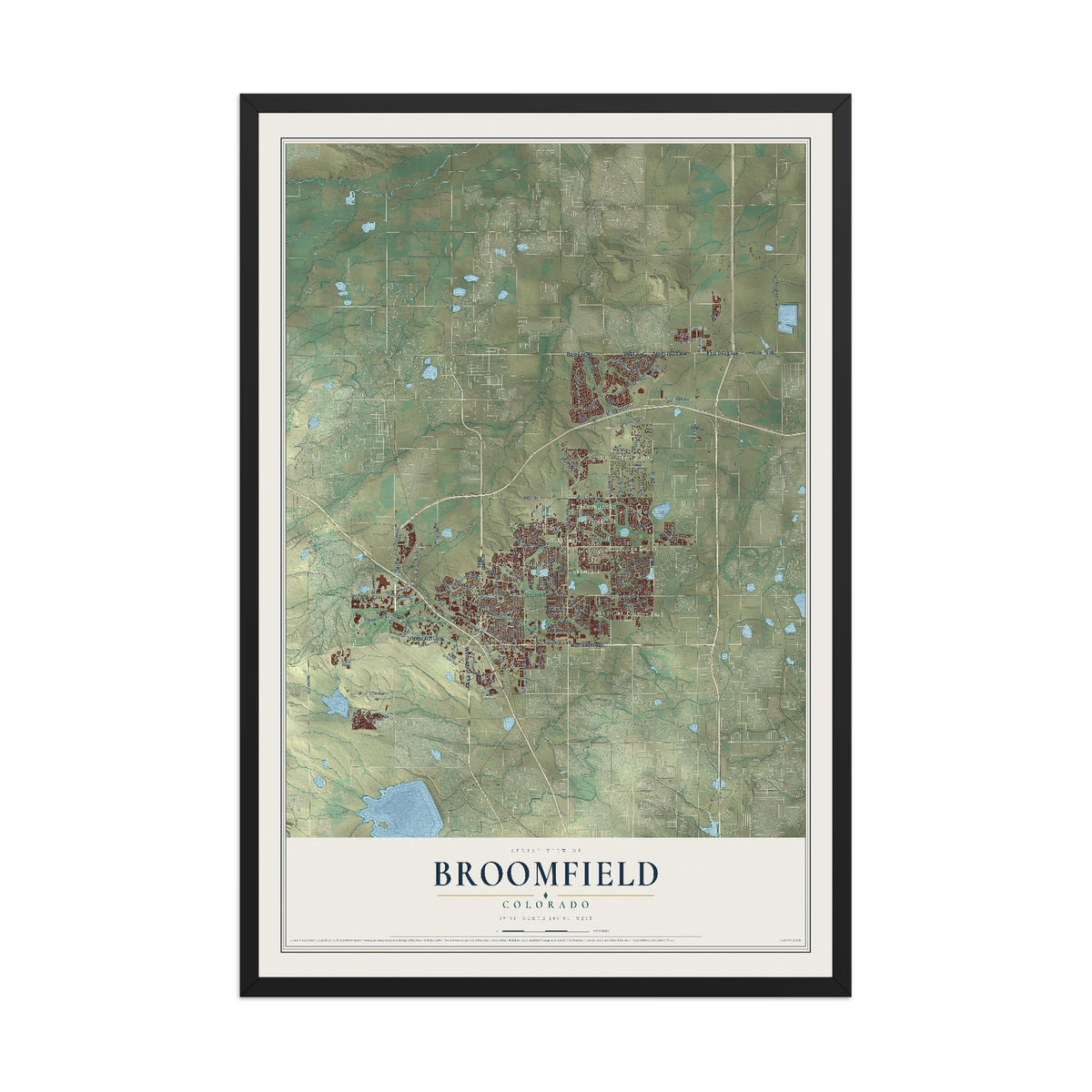 Map of Broomfield, Colorado, 12 x 18 inch print in a black wood frame