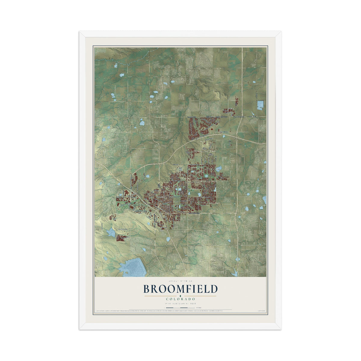 Map of Broomfield, Colorado, 12 x 18 inch print in a white wood frame