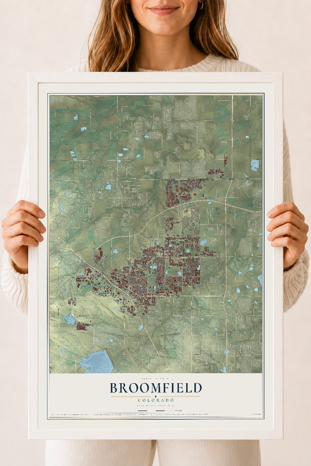 Map of Broomfield, Colorado, 18 x 24 inch print in a white wood frame