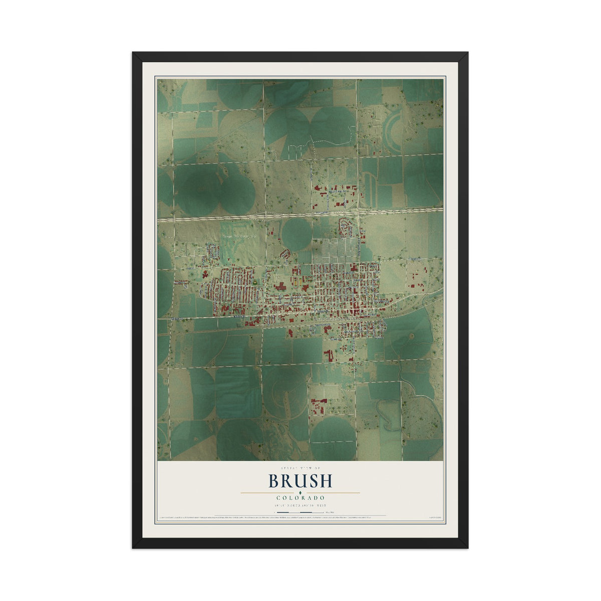 Map of Brush, Colorado, 12 x 18 inch print in a black wood frame