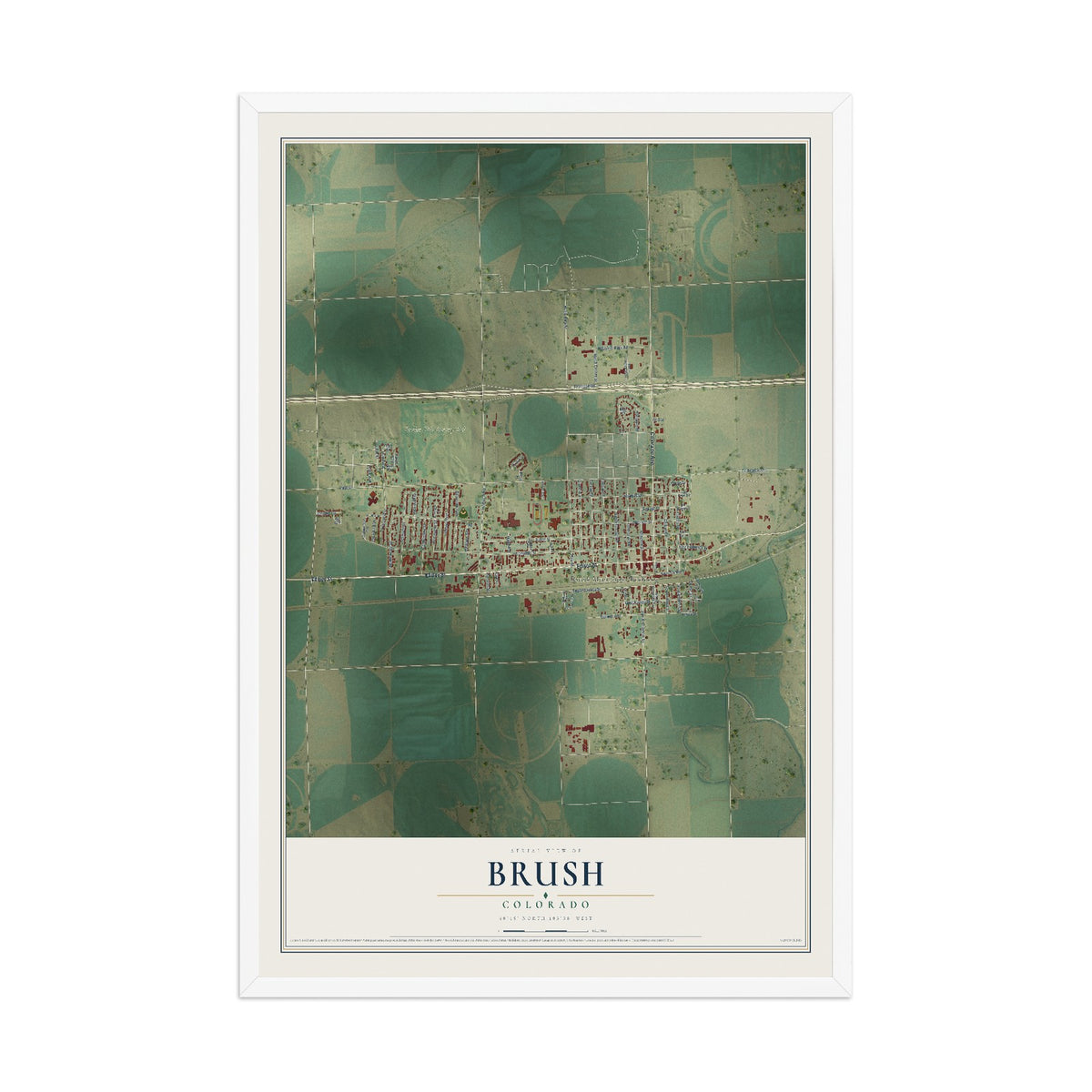 Map of Brush, Colorado, 12 x 18 inch print in a white wood frame