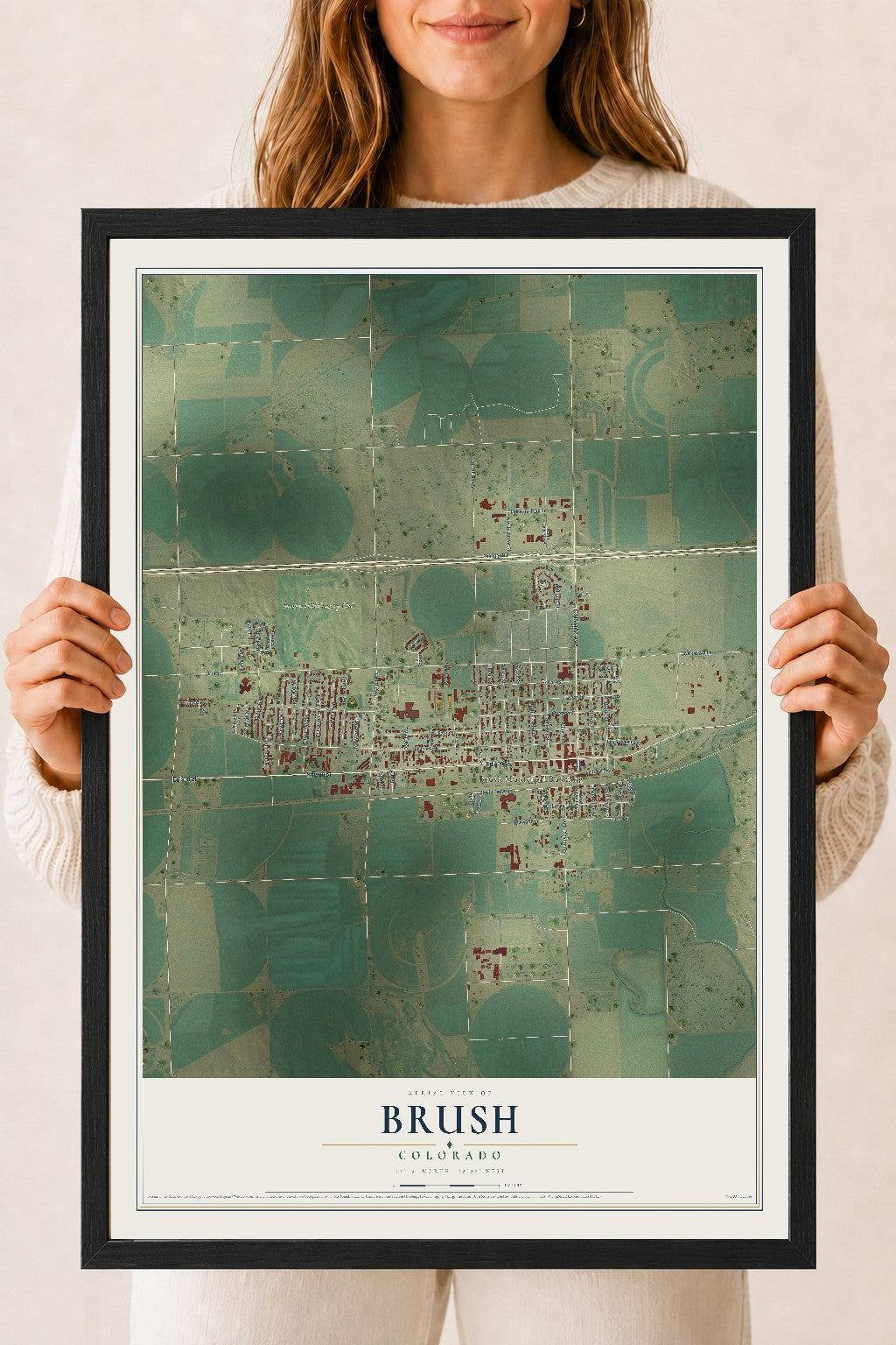Map of Brush, Colorado, 18 x 24 inch print in a black wood frame