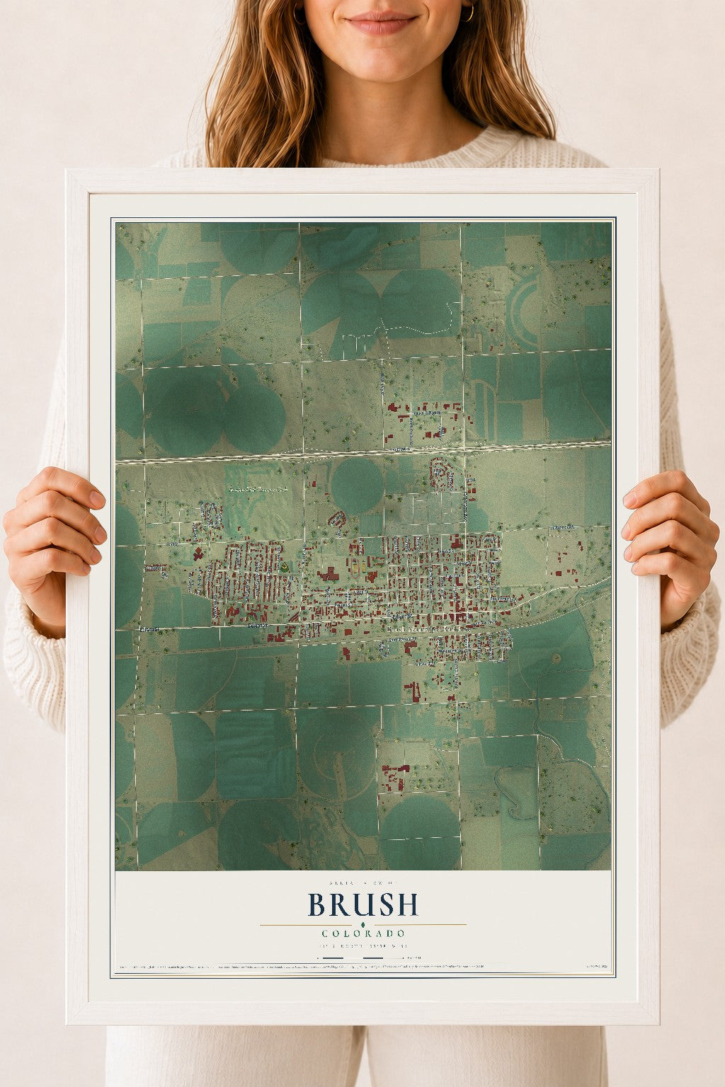 Map of Brush, Colorado, 18 x 24 inch print in a white wood frame