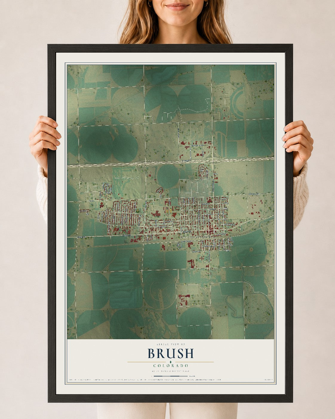 Map of Brush, Colorado, 24 x 36 inch print in a black wood frame