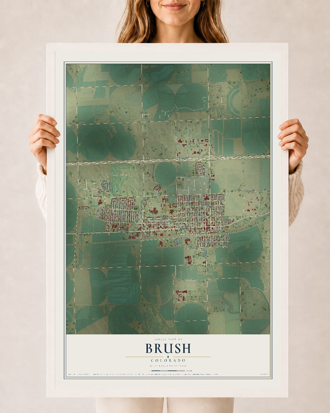 Map of Brush, Colorado, 24 x 36 inch print in a white wood frame