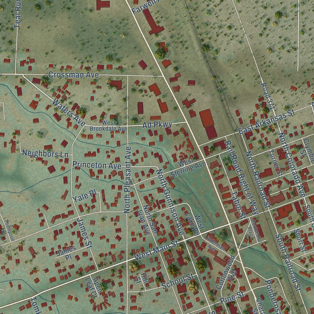 Close-up of the map of Buena Vista, Colorado print showing street and building detail