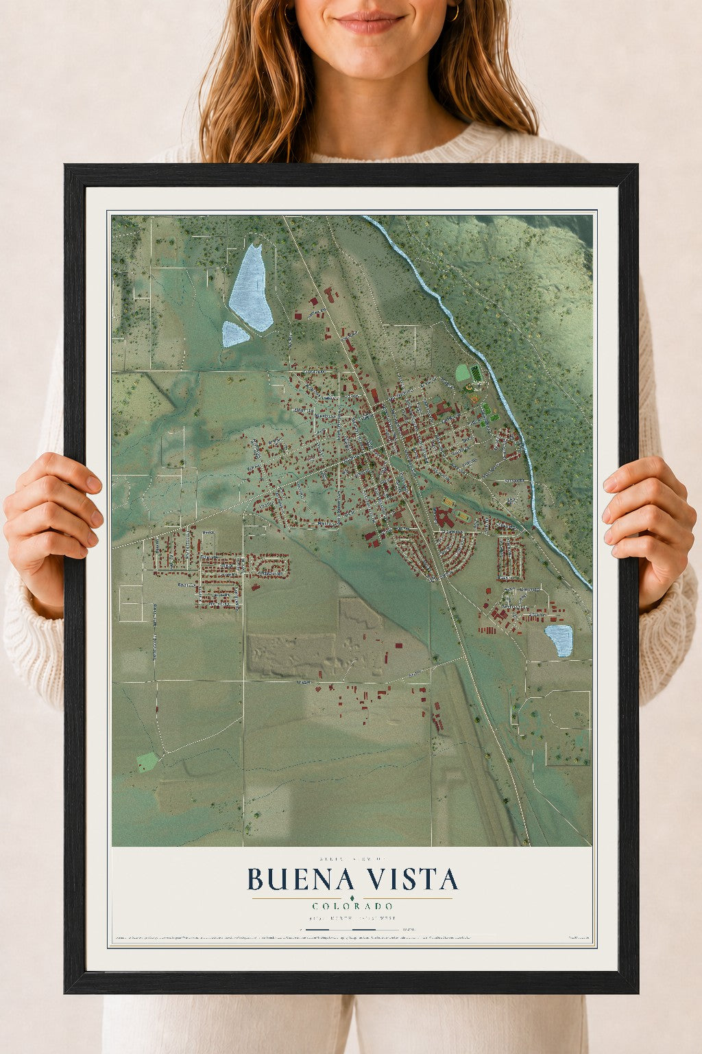 Map of Buena Vista, Colorado, 18 x 24 inch print in a black wood frame