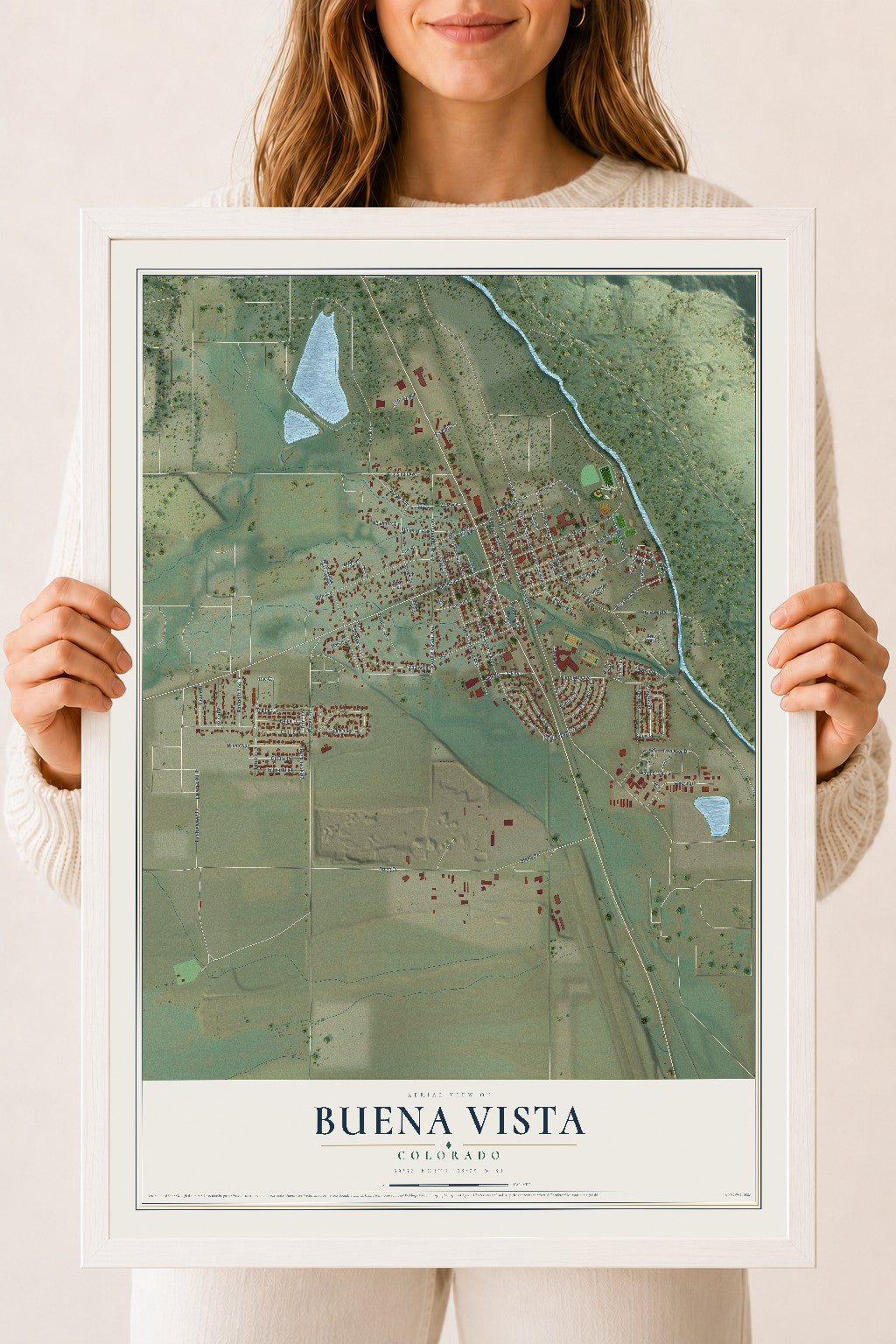 Map of Buena Vista, Colorado, 18 x 24 inch print in a white wood frame