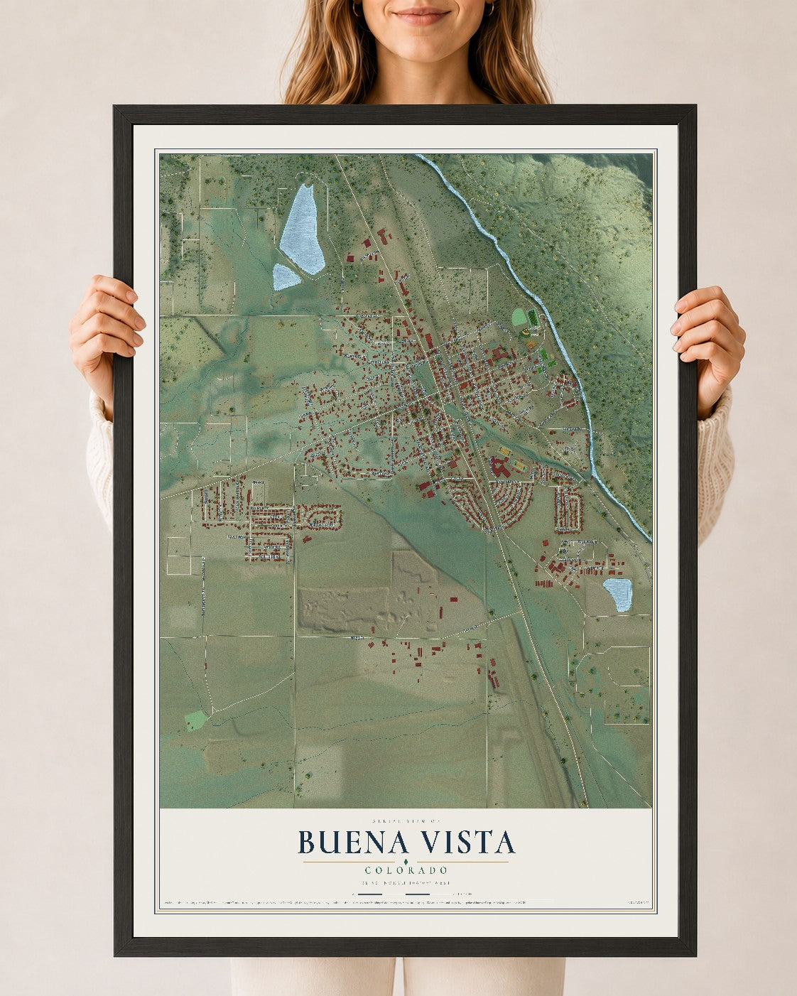 Map of Buena Vista, Colorado, 24 x 36 inch print in a black wood frame
