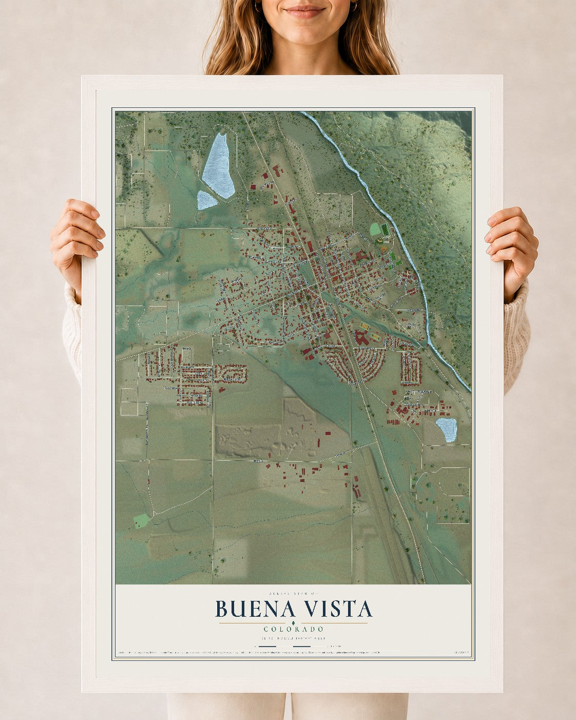 Map of Buena Vista, Colorado, 24 x 36 inch print in a white wood frame
