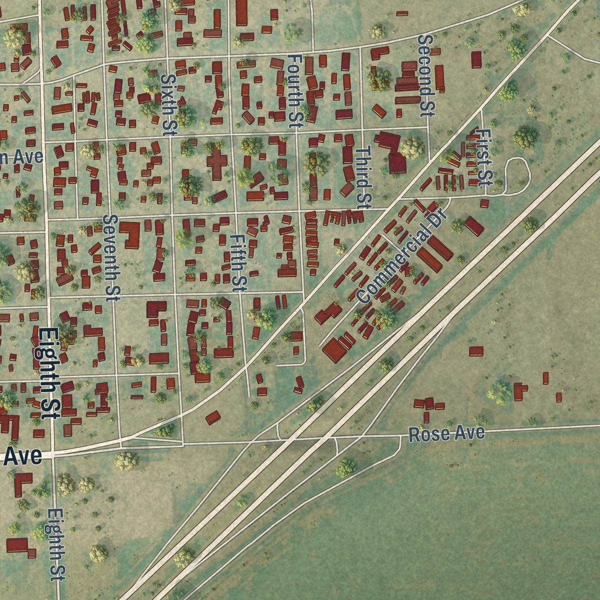 Second close-up of the map of Burlington, Colorado print showing more streets and buildings