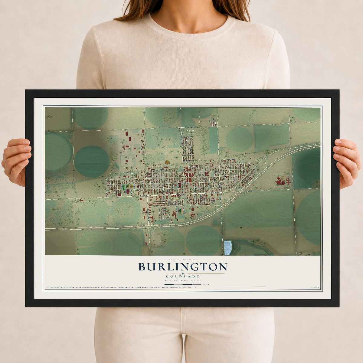 Map of Burlington, Colorado, 12 x 18 inch print in a black wood frame