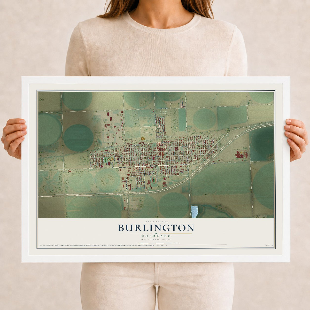 Map of Burlington, Colorado, 12 x 18 inch print in a white wood frame