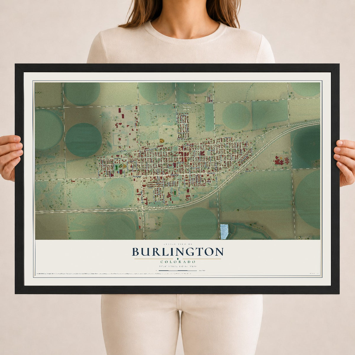 Map of Burlington, Colorado, 18 x 24 inch print in a black wood frame