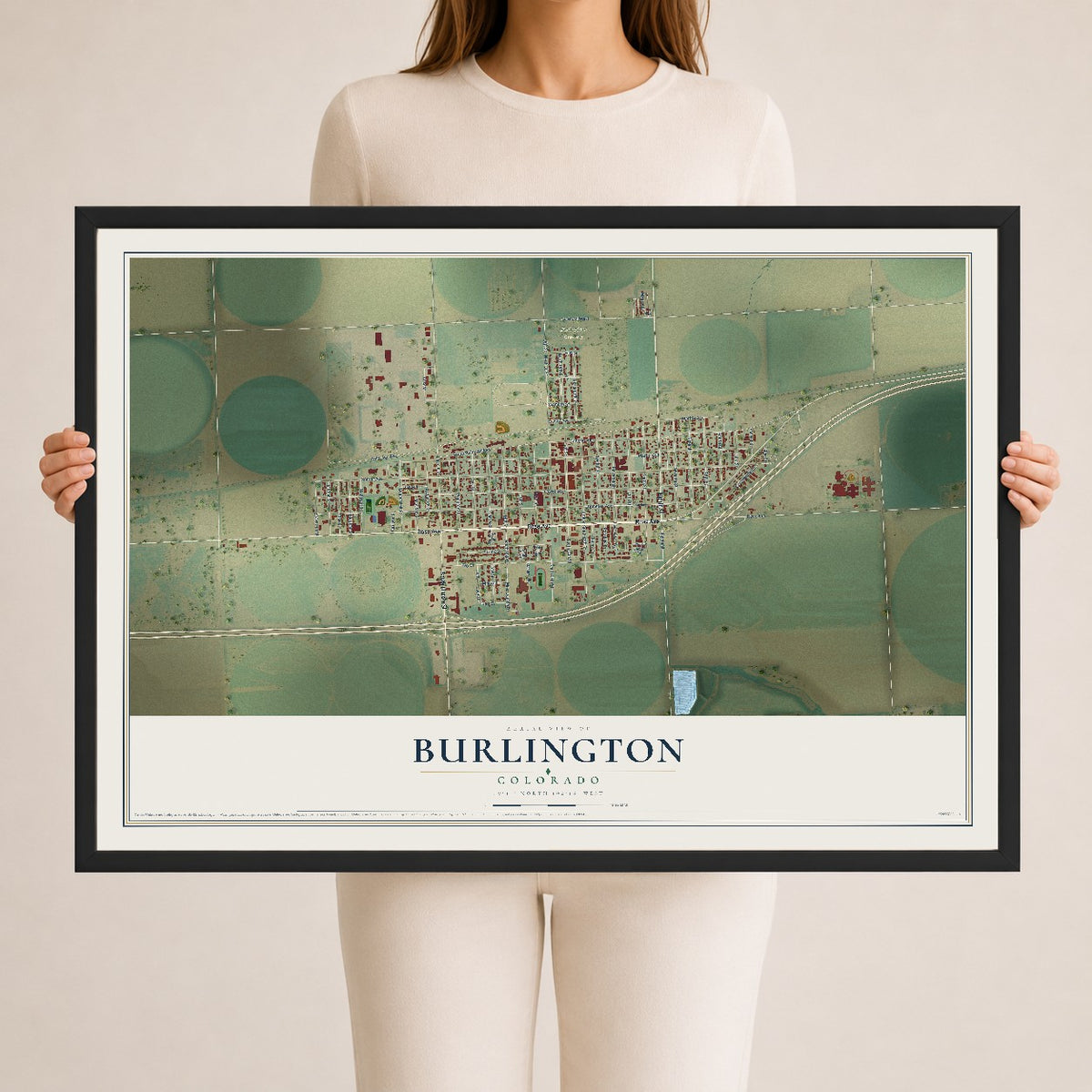 Map of Burlington, Colorado, 24 x 36 inch print in a black wood frame