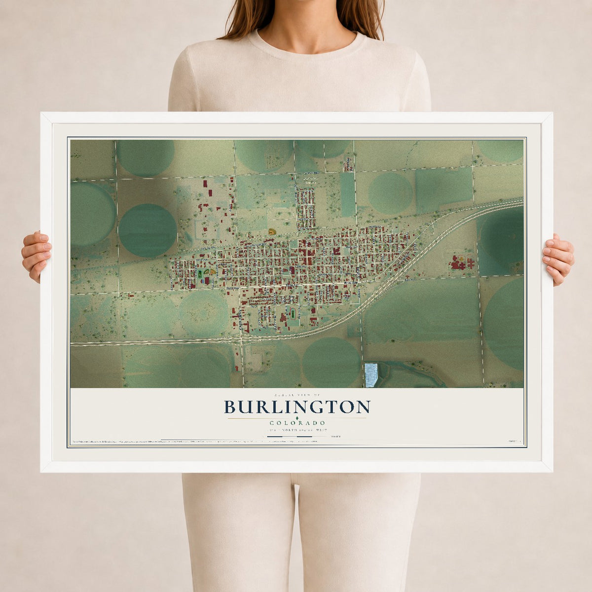 Map of Burlington, Colorado, 24 x 36 inch print in a white wood frame